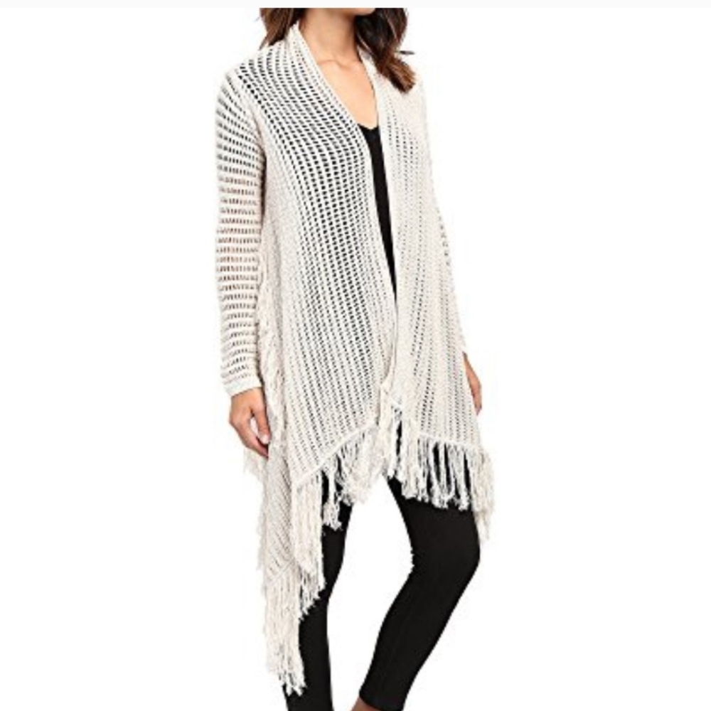 Lucky Brand NEW Cream Knit Duster Open  Front Cardigan Boho Fringe Sz Large